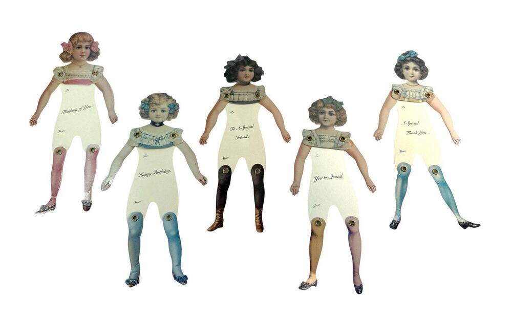 Old Print Factory Paper Doll Greetings Set of 5 Jointed 1880 Reproduction Dolls